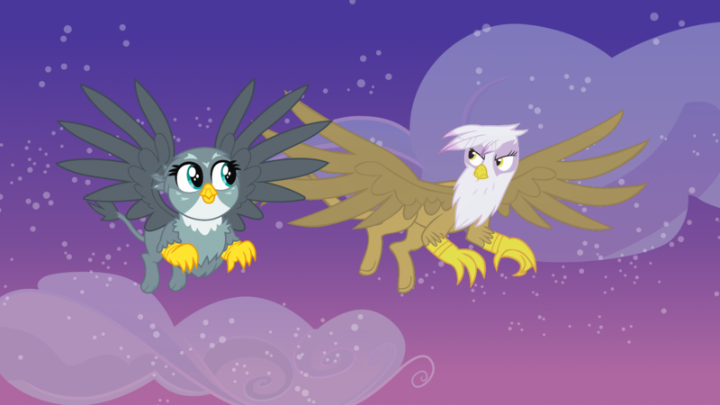 Size: 1920x1080 | Tagged: safe, artist:cloudy glow, artist:memnoch, derpibooru import, edit, editor:jaredking779, gabby, gilda, gryphon, cloud, duo, female, flying, image, png, sky, spread wings, sunset, wings
