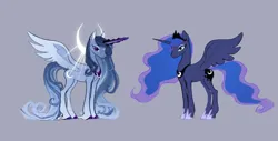 Size: 1127x574 | Tagged: safe, artist:nightheart2647, derpibooru import, princess luna, alicorn, pony, colored hooves, crescent moon, female, glow, glowing horn, gray background, horn, image, jewelry, jpeg, mare, moon, redesign, regalia, simple background, solo, spread wings, unshorn fetlocks, wings