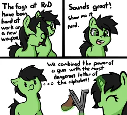 Size: 870x790 | Tagged: safe, artist:neuro, derpibooru import, oc, oc:anonfilly, earth pony, pony, unicorn, comic, dialogue, eyes closed, faggot, female, filly, gun, image, implied racism, levitation, magic, n, open mouth, open smile, png, simple background, slur, smiling, telekinesis, thought bubble, vulgar, weapon, white background