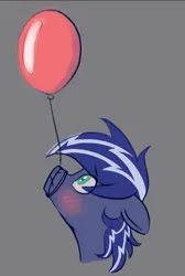 Size: 631x939 | Tagged: safe, artist:latexcut1e, derpibooru import, oc, oc:lightning flare, unofficial characters only, balloon, blushing, cute, image, looking up, png, simple background