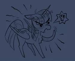 Size: 1133x926 | Tagged: safe, artist:opalacorn, derpibooru import, twilight sparkle, twilight sparkle (alicorn), alicorn, pony, angry, blue background, cross-popping veins, emanata, image, jpeg, monochrome, pictogram, simple background, sketch, skull, solo