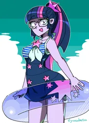 Size: 600x823 | Tagged: safe, artist:tyuubatu, derpibooru import, sci-twi, twilight sparkle, human, equestria girls, breasts, clothes, image, inflatable toy, jpeg, one-piece swimsuit, open mouth, swimsuit