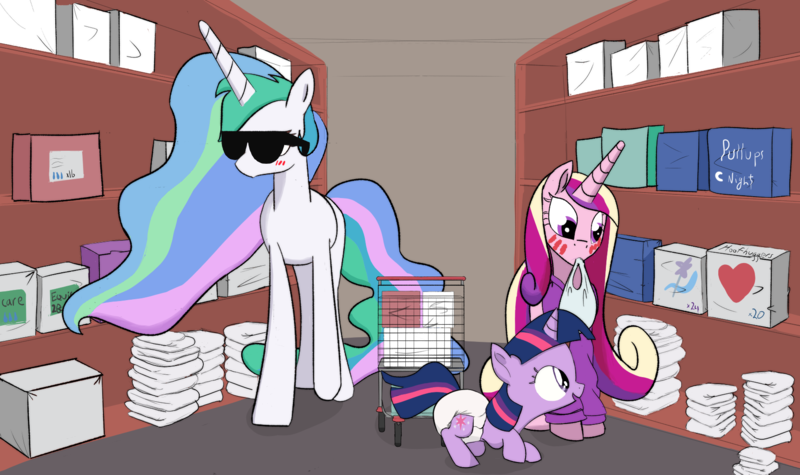 Size: 1723x1024 | Tagged: questionable, artist:drasill, derpibooru import, princess cadance, princess celestia, twilight sparkle, alicorn, pony, unicorn, blushing, clothes, diaper, diaper fetish, female, fetish, filly, filly twilight sparkle, g4, image, png, sunglasses, younger