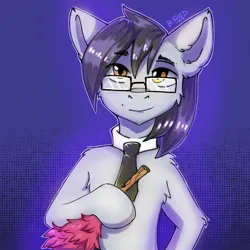 Size: 1600x1600 | Tagged: safe, artist:freak-side, derpibooru import, oc, oc:silver bristle, unofficial characters only, earth pony, pony, black mane, digital art, duster, glasses, gray coat, halfbody, holding, image, imminent tickles, jpeg, looking at you, male, necktie, smug, solo, standing on two hooves