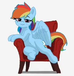 Size: 2928x3012 | Tagged: safe, artist:pabbley, color edit, derpibooru import, edit, rainbow dash, pegasus, pony, chair, colored, female, g4, image, mare, png, simple background, sitting, solo, white background, wings