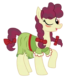 Size: 2627x2889 | Tagged: safe, artist:third uncle, derpibooru import, hilly hooffield, earth pony, pony, the hooffields and mccolts, background pony, blushing, bow, clothes, cute, female, hair bow, high res, hooffield family, image, mare, pigtails, png, simple background, solo, vector