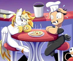 Size: 2000x1667 | Tagged: safe, artist:trackheadtherobopony, derpibooru import, oc, oc:amber, ponified, earth pony, pegasus, pony, bucket, chef's hat, eating, food, hat, image, nervous, peppino spaghetti, pizza, pizza tower, png, restaurant, the noise