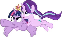Size: 1035x618 | Tagged: safe, artist:shootingstarsentry, derpibooru import, edit, edited screencap, editor:incredibubbleirishguy, screencap, vector edit, starlight glimmer, twilight sparkle, twilight sparkle (alicorn), alicorn, unicorn, 1000 years in photoshop, background removed, duo, duo female, element of magic, female, fixed, flying, holding on, image, png, update, updated, updated image, vector