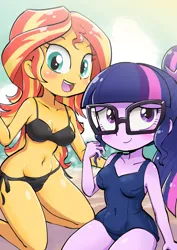 Size: 1132x1600 | Tagged: suggestive, artist:k-nattoh, derpibooru import, sci-twi, sunset shimmer, twilight sparkle, human, equestria girls, beach, belly button, bikini, blushing, clothes, duo, female, glasses, image, jpeg, looking at you, one-piece swimsuit, open mouth, school swimsuit, sitting, smiling, swimsuit