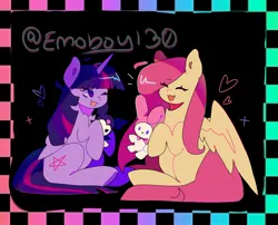 Size: 2048x1653 | Tagged: safe, artist:emoboy130, derpibooru import, fluttershy, twilight sparkle, twilight sparkle (alicorn), alicorn, pegasus, pony, duo, eyes closed, female, heart, image, jpeg, lesbian, one eye closed, open mouth, shipping, sitting, smiling, twishy, wink