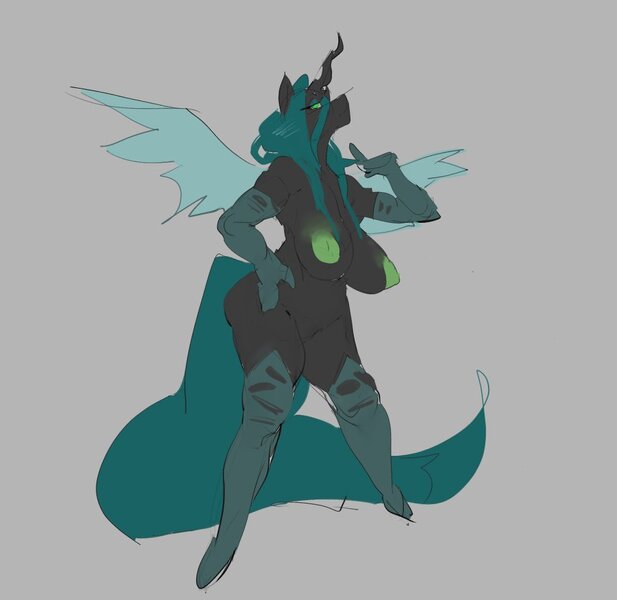 Size: 947x921 | Tagged: questionable, artist:cowhour, derpibooru import, queen chrysalis, anthro, unguligrade anthro, big breasts, breasts, gray background, huge breasts, image, jpeg, milk, simple background, torpedo tits