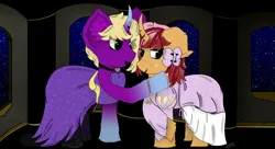 Size: 3960x2160 | Tagged: safe, artist:spiroudada, derpibooru import, oc, oc:dolly hoove, oc:velvet sky, pony, unicorn, background, blushing, bow, caress, castle, clothes, crossdressing, cute, disney, dress, duo, image, love, male, png, smiling, stallion, story included