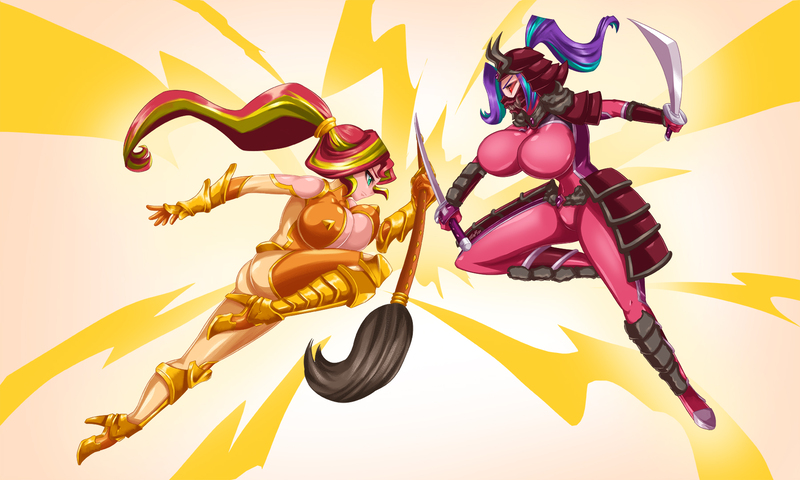 Size: 1800x1080 | Tagged: suggestive, artist:fenrox, derpibooru import, starlight glimmer, sunset shimmer, human, big breasts, breasts, busty starlight glimmer, busty sunset shimmer, erect nipples, fight, humanized, image, jpeg, katana, kunoichi, sword, weapon