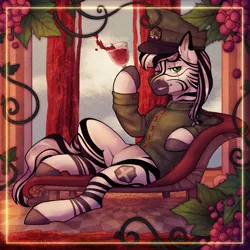 Size: 2000x2000 | Tagged: safe, artist:dereketto, derpibooru import, oc, oc:palatinatus clypeus, unofficial characters only, zebra, equestria at war mod, alcohol, clothes, food, glass, grapes, image, jpeg, uniform, wine, wine glass