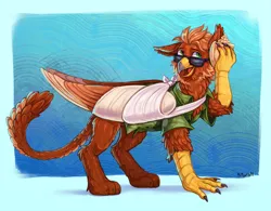 Size: 6107x4769 | Tagged: safe, artist:birdoffnorth, derpibooru import, oc, oc:pavlos, unofficial characters only, gryphon, bandage, broken bone, broken wing, cast, chest fluff, claws, clothes, colored wings, confused, eared griffon, folded wings, griffon oc, image, injured, leg fluff, paws, png, seashell, shirt, simple background, sling, solo, sunglasses, underpaw, wings