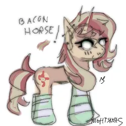 Size: 500x500 | Tagged: safe, artist:nightskyees, derpibooru import, sunset shimmer, pony, unicorn, bacon, bacon hair, big eyes, clothes, colored, food, horn, image, lineart, meat, png, simple background, socks, solo, striped socks, white background, white eyes