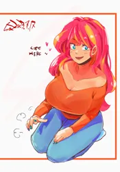 Size: 1400x2000 | Tagged: safe, artist:sozglitch, derpibooru import, sunset shimmer, human, beautiful, big breasts, breasts, busty sunset shimmer, cleavage, dialogue, female, floating heart, heart, huge breasts, humanized, image, jpeg, looking at you, nail polish, open mouth, open smile, sexy, simple background, sitting, smiling, smiling at you, solo, talking to viewer, white background