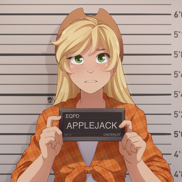 Size: 2048x2048 | Tagged: safe, artist:applesartt, derpibooru import, applejack, human, applejack's hat, barbie, barbie (film), barbie mugshot meme, blushing, clothes, cowboy hat, cute, female, flannel, freckles, gritted teeth, hat, humanized, image, jackabetes, jail, jpeg, meme, mugshot, nervous, solo, tanktop, teeth, worried