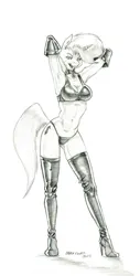 Size: 672x1320 | Tagged: suggestive, artist:baron engel, edit, oc, oc:petina, unofficial characters only, anthro, plantigrade anthro, arm behind head, armpits, black and white, boots, bra, breasts, choker, cleavage, clothes, cropped, evening gloves, female, gloves, grayscale, high heels, image, jpeg, long gloves, looking at you, monochrome, panties, shoes, signature, simple background, solo, thigh boots, underwear, white background