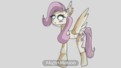 Size: 1280x720 | Tagged: safe, artist:nightskyees, derpibooru import, fluttershy, pegasus, pony, animated, animation test, art, art style, big eyes, gif, gray background, image, looking down, looking up, simple background, solo, tail, tail wag, test, white eyes