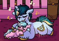 Size: 1982x1372 | Tagged: safe, artist:sexygoatgod, derpibooru import, oc, oc:shining strings, oc:viola shine, unofficial characters only, hybrid, pony, unicorn, baby, baby pony, brother and sister, crib, cuddling, cutiespark, female, filly, foal, image, lullaby, lying down, male, music notes, nursery, offspring, pacifier, parent:lyra heartstrings, parent:oc:razzmatazz gleam, parents:canon x oc, pegabat, png, prone, siblings