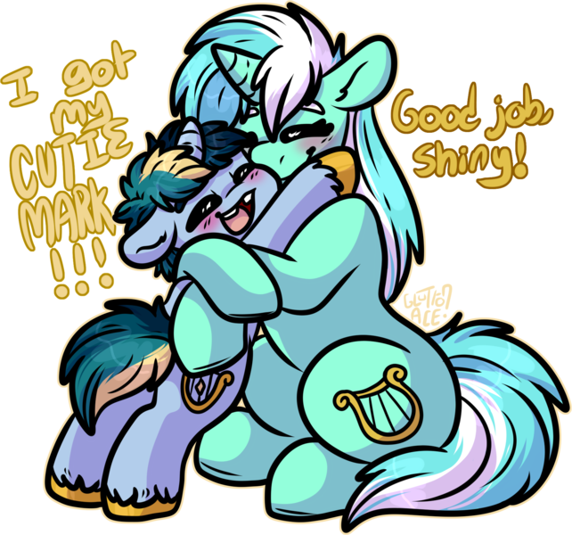 Size: 1786x1669 | Tagged: safe, artist:sexygoatgod, derpibooru import, lyra heartstrings, oc, oc:shining strings, pony, unicorn, female, foal, gap teeth, hug, image, male, mother and child, mother and son, offspring, parent:lyra heartstrings, parent:oc:razzmatazz gleam, parents:canon x oc, png, simple background, transparent background