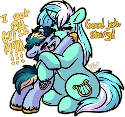 Size: 1786x1669 | Tagged: safe, artist:sexygoatgod, derpibooru import, lyra heartstrings, oc, oc:shining strings, pony, unicorn, female, foal, gap teeth, hug, image, male, mother and child, mother and son, offspring, parent:lyra heartstrings, parent:oc:razzmatazz gleam, parents:canon x oc, png, simple background, transparent background