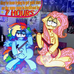 Size: 1512x1512 | Tagged: safe, artist:fluttersharpi, derpibooru import, fluttershy, rainbow dash, pegasus, pony, bags under eyes, cute, cute little fangs, drool, fangs, freckles, image, jpeg, messy mane, real life background, rock band, tired, video game