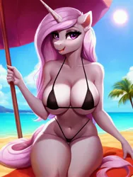 Size: 2304x3072 | Tagged: suggestive, derpibooru import, machine learning generated, stable diffusion, fleur-de-lis, anthro, pony, unicorn, ai content, beach, beach towel, beach umbrella, beautiful, beautisexy, belly button, big breasts, bikini, breasts, busty fleur-de-lis, clothes, female, generator:pony diffusion v5, image, jpeg, looking at you, mare, micro bikini, ocean, open mouth, palm tree, prompter:frostru, sexy, solo, solo female, stupid sexy fleur-de-lis, swimsuit, towel, tree, umbrella, water