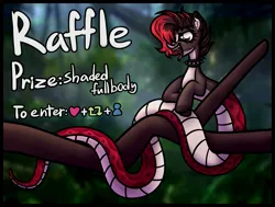 Size: 2047x1548 | Tagged: safe, artist:sadfloorlamp, derpibooru import, oc, oc:torsher, unofficial characters only, hybrid, lamia, original species, pony, snake, advertisement, art raffle, collar, colored, complex background, ear fluff, eyelashes, fangs, female, female pred, female predator, forked tongue, high res, hooves, image, jpeg, log, long tongue, mare, open mouth, prize, raffle, solo, text, tongue out, tree, tree branch, wall of tags