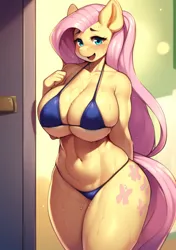 Size: 720x1024 | Tagged: suggestive, derpibooru import, machine learning generated, stable diffusion, fluttershy, anthro, ai content, belly button, big breasts, bikini, blushing, breasts, busty fluttershy, clothes, doorway, female, huge breasts, image, open mouth, open smile, png, prompter:ronanjar, smiling, solo, solo female, swimsuit, wet, wingless, wingless anthro