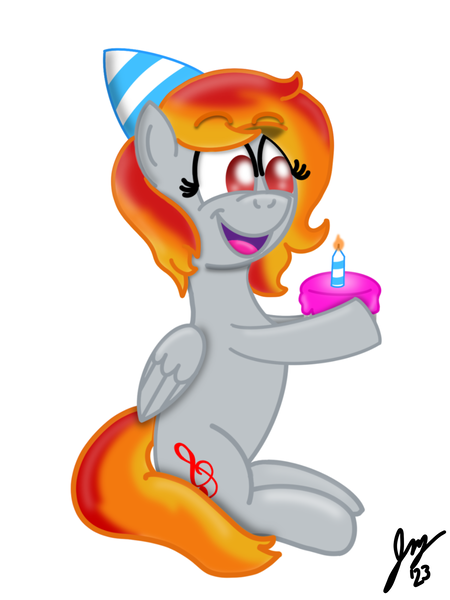 Size: 1620x2160 | Tagged: safe, artist:jesslmc16, derpibooru import, oc, oc:tridashie, pegasus, pony, birthday, cake, candle, digital art, female, female oc, food, frosting, happy birthday, hat, image, lighting, mare, open mouth, party hat, pegasus oc, png, procreate app, shading, simple background, sitting, smiling, solo, white background, wings