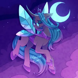 Size: 2048x2048 | Tagged: safe, artist:grumpimoon, derpibooru import, queen chrysalis, changeling, pony, beautiful, concave belly, crescent moon, eyes closed, female, glasses, image, jpeg, mare, mirror universe, moon, reversalis, solo
