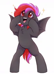 Size: 792x1079 | Tagged: safe, artist:melodylibris, derpibooru import, oc, unofficial characters only, bat pony, pony, bat pony oc, bat wings, bipedal, chest fluff, cute, floppy ears, image, jpeg, ocbetes, open mouth, open smile, simple background, smiling, solo, sparkles, spread wings, starry eyes, white background, wingding eyes, wings