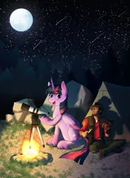 Size: 2413x3300 | Tagged: safe, artist:lycantrin, derpibooru import, twilight sparkle, twilight sparkle (alicorn), alicorn, human, absurd resolution, campfire, carving, coat markings, crossover, fire, folded wings, full moon, image, moon, night, off model, png, shooting stars, sniper, socks (coat marking), starry eyes, stars, team fortress 2, telescope, tent, tree, wholesome, wingding eyes, wings, wood