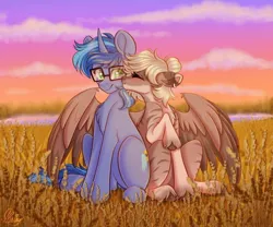 Size: 716x596 | Tagged: safe, artist:mxiiisy, derpibooru import, oc, oc:amoo, oc:amy bloodeye, oc:blue cola, pegasus, pony, unicorn, zebra, couple, duo, female, field, glasses, gradient hooves, green eyes, horn, hug, image, jpeg, kiss on the cheek, kissing, male, mare, pegasus oc, pony oc, relationship, spread wings, stallion, straight, unicorn oc, wings, zebra oc