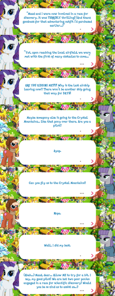 Size: 2048x5266 | Tagged: safe, derpibooru import, idw, official, maud pie, rarity, unnamed character, unnamed pony, earth pony, pony, unicorn, aviator goggles, clothes, dialogue, dialogue box, english, event, female, gameloft, goggles, hat, horn, idw showified, image, male, mare, mobile game, my little pony: magic princess, png, scarf, speech bubble, stallion, text