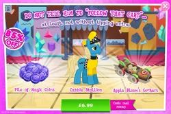 Size: 1959x1300 | Tagged: safe, derpibooru import, idw, official, unnamed character, unnamed pony, earth pony, pony, advertisement, clothes, costs real money, english, gameloft, hat, idw showified, image, jpeg, kart, magic coins, male, mobile game, my little pony: magic princess, numbers, sale, solo, solo focus, stallion, text