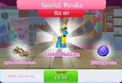Size: 1264x861 | Tagged: safe, derpibooru import, idw, official, unnamed character, unnamed pony, earth pony, pony, bundle, clothes, costs real money, english, gameloft, hat, idw showified, image, jpeg, kart, magic coins, male, mobile game, my little pony: magic princess, numbers, sale, solo, solo focus, stallion, text