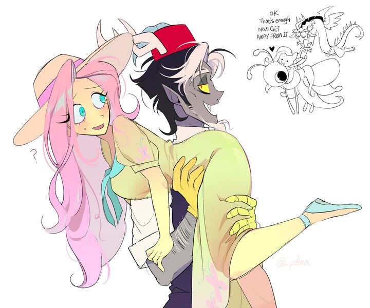 Size: 2400x2000 | Tagged: safe, artist:pelma, derpibooru import, idw, discord, fluttershy, draconequus, human, pegasus, pony, spoiler:comic, spoiler:comic24, antlers, butterdragon, carrying, clothes, confused, dress, duo, duo male and female, elf ears, female, fez, g4, gloves, hat, horn, horned humanization, horns, hug, humanized, image, jpeg, male, over the shoulder, pony coloring, question mark, scene interpretation, simple background, snaggletooth, sun hat, sweat, sweatdrop, trio, white background