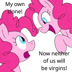 Size: 900x900 | Tagged: safe, artist:unitxxvii, derpibooru import, pinkie pie, earth pony, pony, clone, dialogue, duo, image, implied selfcest, looking at each other, looking at someone, meme, now neither of us will be virgins, open mouth, open smile, pinkie clone, png, simple background, smiling, white background