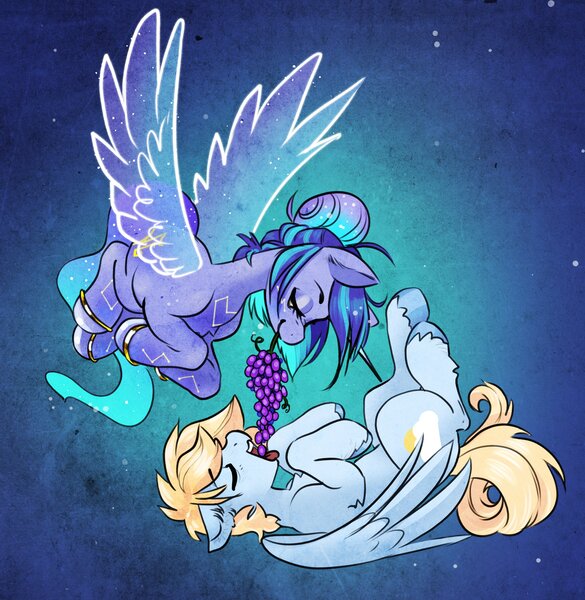 Size: 3094x3176 | Tagged: safe, artist:opalacorn, derpibooru import, oc, oc:asteria, oc:blue skies, unofficial characters only, pegasus, pony, unicorn, artificial wings, augmented, commission, eyes closed, feeding, female, food, grapes, image, jpeg, lying down, magic, magic wings, male, mare, mouth hold, oc x oc, on back, open mouth, shipping, stallion, straight, wings