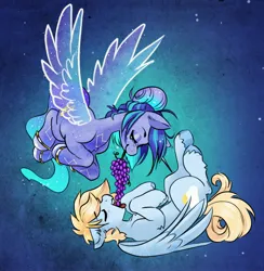 Size: 3094x3176 | Tagged: safe, artist:opalacorn, derpibooru import, oc, oc:asteria, oc:blue skies, unofficial characters only, pegasus, pony, unicorn, artificial wings, augmented, commission, eyes closed, feeding, female, food, grapes, image, jpeg, lying down, magic, magic wings, male, mare, mouth hold, oc x oc, on back, open mouth, shipping, stallion, straight, wings