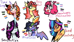 Size: 700x400 | Tagged: safe, artist:iluminarubright, derpibooru import, oc, oc:daisy root, oc:iced century, oc:sensation, oc:strawberry marshmallow, oc:time loop, oc:windwhirl, unofficial characters only, earth pony, pegasus, pony, unicorn, bust, female, floral head wreath, flower, glasses, image, magical lesbian spawn, mare, next generation, offspring, parent:big macintosh, parent:cheese sandwich, parent:fancypants, parent:flash sentry, parent:fluttershy, parent:pinkie pie, parent:rainbow dash, parent:rarity, parent:soarin', parent:starlight glimmer, parent:sunset shimmer, parent:twilight sparkle, parents:cheesepie, parents:flashlight, parents:fluttermac, parents:raripants, parents:shimmerglimmer, parents:soarindash, png, pride flag, round glasses, scar, simple background, white background