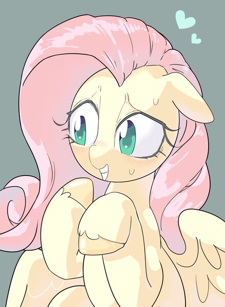 Size: 2507x3421 | Tagged: safe, artist:gakushuogawa, derpibooru import, fluttershy, pegasus, pony, colored pupils, cute, floating heart, floppy ears, green background, grin, heart, image, jpeg, partially open wings, shyabetes, simple background, smiling, solo, unshorn fetlocks, wings