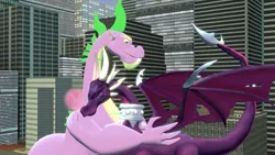 Size: 1920x1080 | Tagged: safe, artist:ponygamer2020, derpibooru import, spike, dragon, secret of my excess, 3d, city, cityscape, corrupted cynder, crossover, crossover shipping, cynder, cynderspike, female, giantess, greed spike, heart, hug, image, macro, male, older, older spike, png, purring, shipping, source filmmaker, spikezilla, spyro the dragon (series), straight, the legend of spyro, winged spike, wings