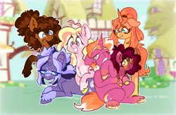 Size: 1205x792 | Tagged: safe, artist:zer0wlet, derpibooru import, oc, oc:caramel toffee, oc:cozy cosmos, oc:mellow honeycakes, oc:nightwalker deluna, oc:nyx eventide, oc:yoghurt, unofficial characters only, earth pony, pegasus, pony, unicorn, ahoge, background, bags under eyes, curly mane, curved horn, dyed mane, ears up, earth pony oc, eyelashes, fangs, floppy ears, freckles, glasses, grin, group photo, grumpy, horn, image, jpeg, lying down, multicolored eyes, nervous, nervous grin, open mouth, pegasus oc, ponytail, round glasses, screencap background, sitting, smiling, spots, striped mane, unicorn oc, unshorn fetlocks, wings, yawn