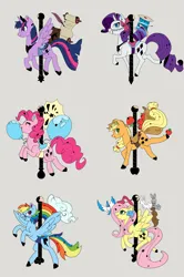 Size: 2236x3375 | Tagged: safe, artist:slowpoke, derpibooru import, applejack, fluttershy, pinkie pie, rainbow dash, rarity, twilight sparkle, twilight sparkle (alicorn), alicorn, bird, earth pony, pegasus, pony, rabbit, squirrel, unicorn, animal, carousel, female, gray background, high res, image, mane six, mare, png, rearing, reins, saddle, simple background, spread wings, tack, wings