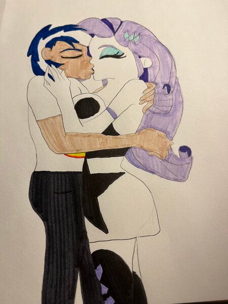 Size: 1536x2048 | Tagged: safe, artist:carlos324, derpibooru import, rarity, oc, oc:lightning burn, human, equestria girls, breasts, busty rarity, helluva boss, image, jpeg, kiss on the lips, kissing, love, outfit, verosika mayday