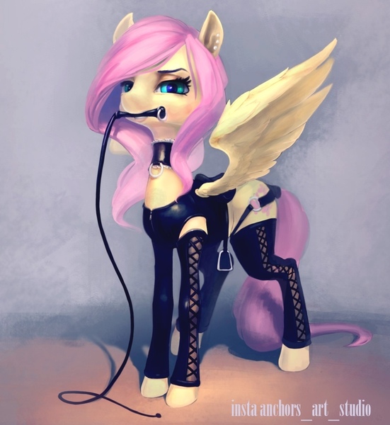 Size: 1080x1175 | Tagged: suggestive, artist:oneofyouare, derpibooru import, fluttershy, pegasus, pony, bdsm, collar, ear piercing, earring, female, flutterdom, image, jewelry, jpeg, latex, looking at you, mare, mouth hold, piercing, saddle, solo, solo female, spread wings, stirrups, tack, whip, wings
